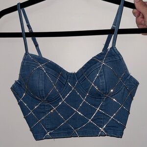 Blue Rhinestone Embellished Women's Top